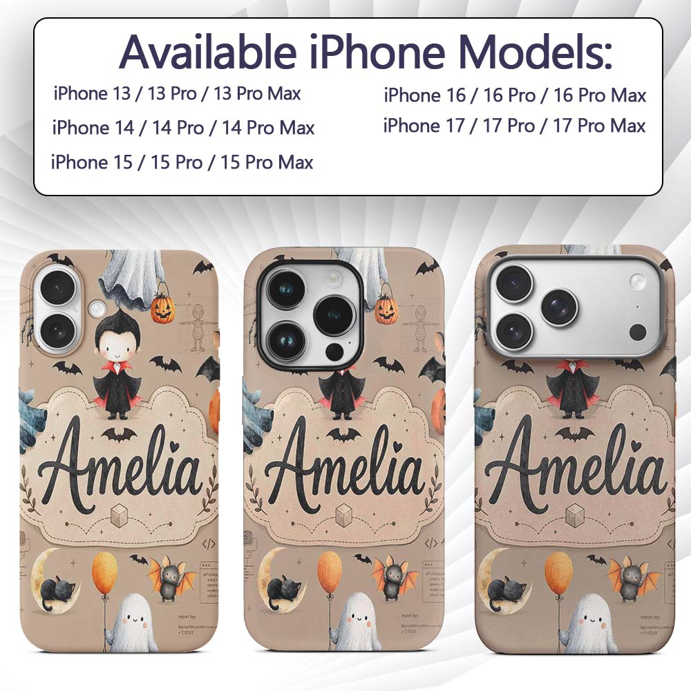 Halloween Vampire Ghost Bat Spooky Character Custom Name Protective Phone Case Mobile Cover Durable Everyday Smartphone Shock Resistant