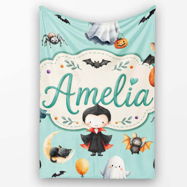 Halloween Vampire Ghost Bats Spooky Characters Mint Green Seamless  Personalised Custom Name Super Soft Fleece Blanket Bed Sofa Throw