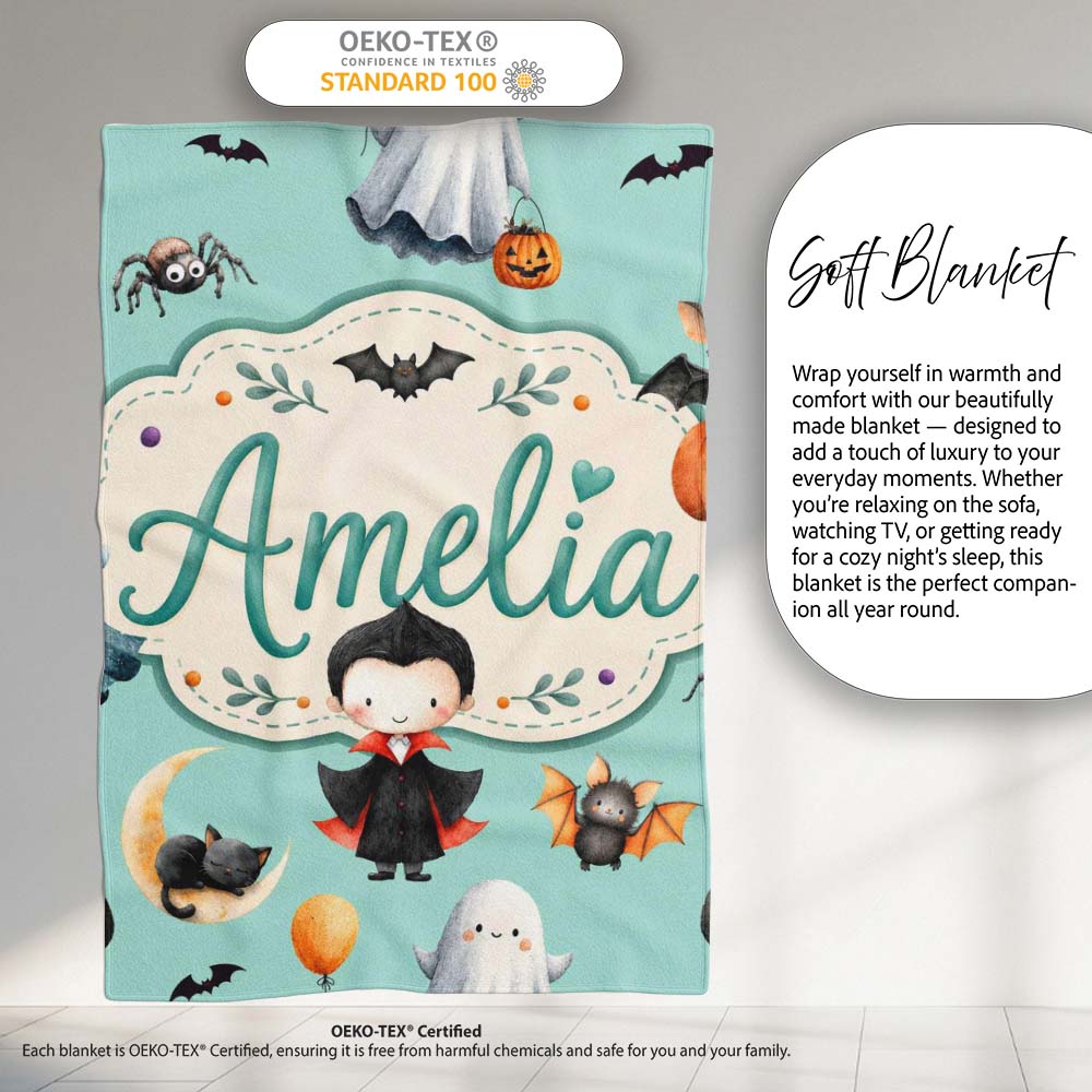 Halloween Vampire Ghost Bats Spooky Characters Mint Green Seamless  Personalised Custom Name Super Soft Fleece Blanket Bed Sofa Throw