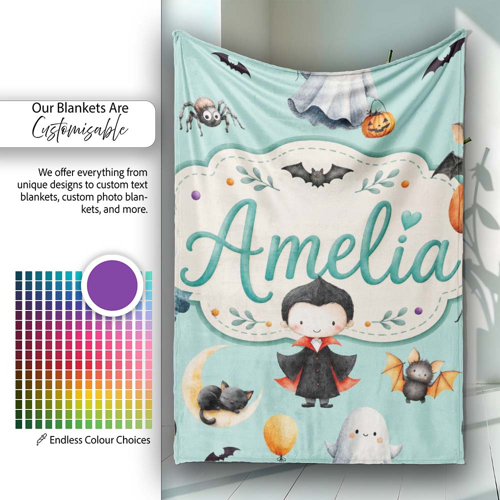 Halloween Vampire Ghost Bats Spooky Characters Mint Green Seamless  Personalised Custom Name Super Soft Fleece Blanket Bed Sofa Throw