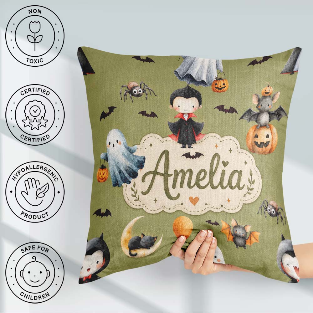 Custom Name Halloween Vampire Ghost Bats Spooky Characters Olive Square Filled Cushion Throw Pillow Sofa Bed Home Decor Zip Washable UK Made