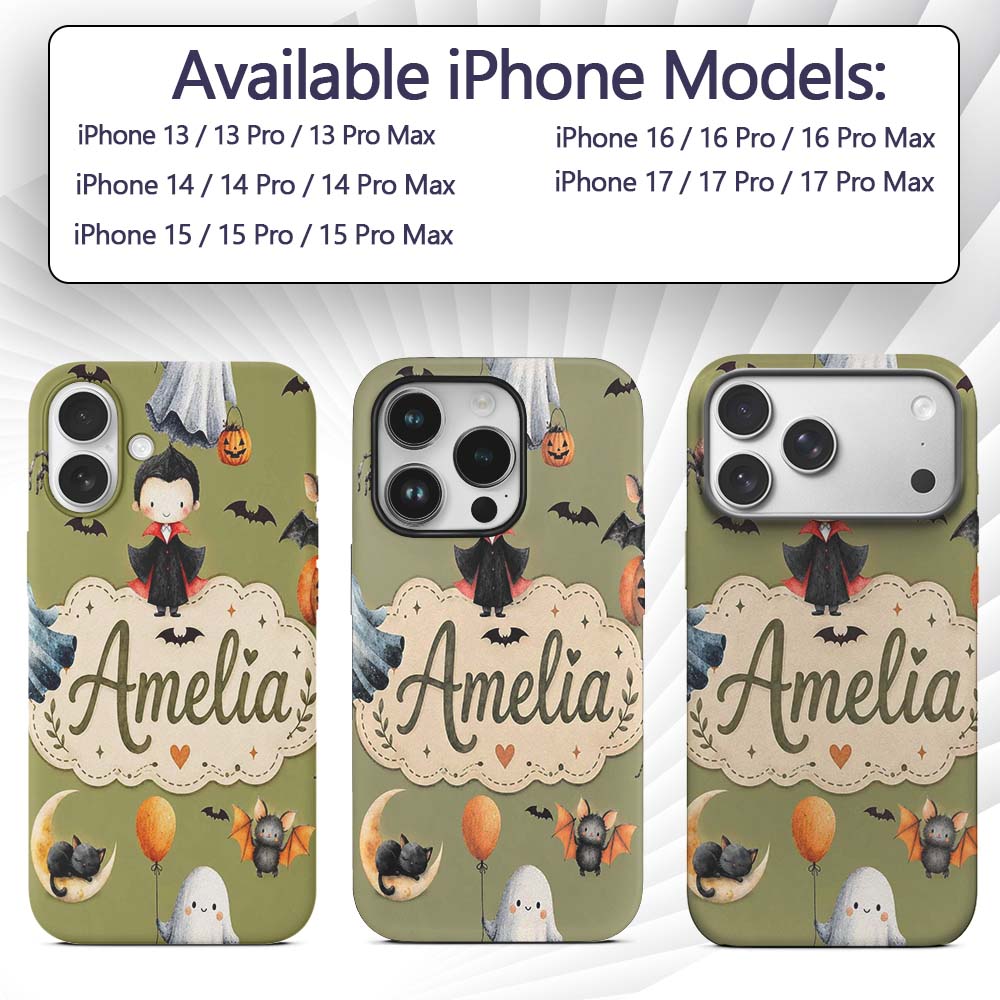 Halloween Vampire Ghost Bats Spooky Characters Custom Name Protective Phone Case Mobile Cover Durable Everyday Smartphone Shock Resistant