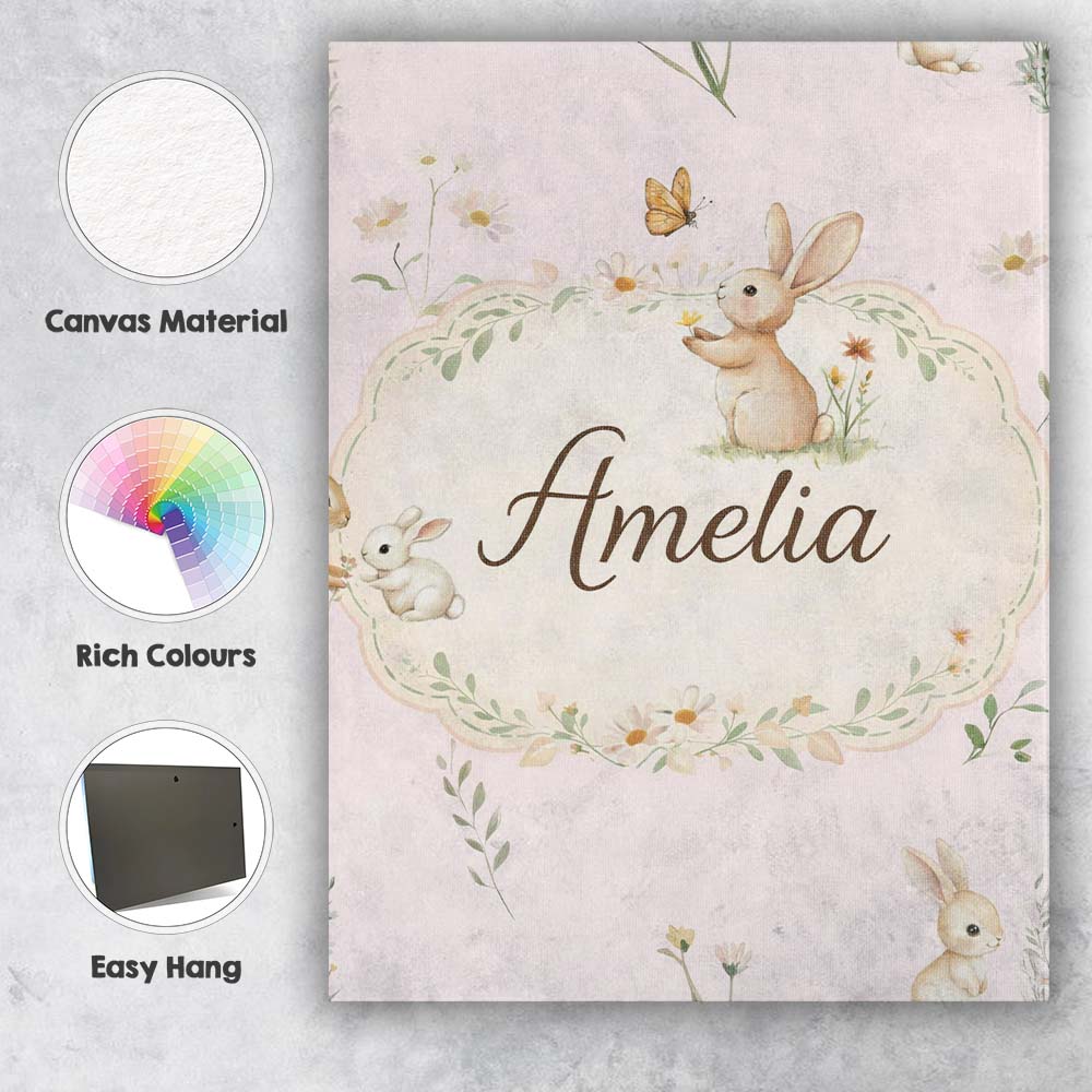 Personalised Name Cute Bunny with Carrot Blue Check Background Custom Modern Room Accent Canvas Wall Art Print Decor Picture Ready to Hang