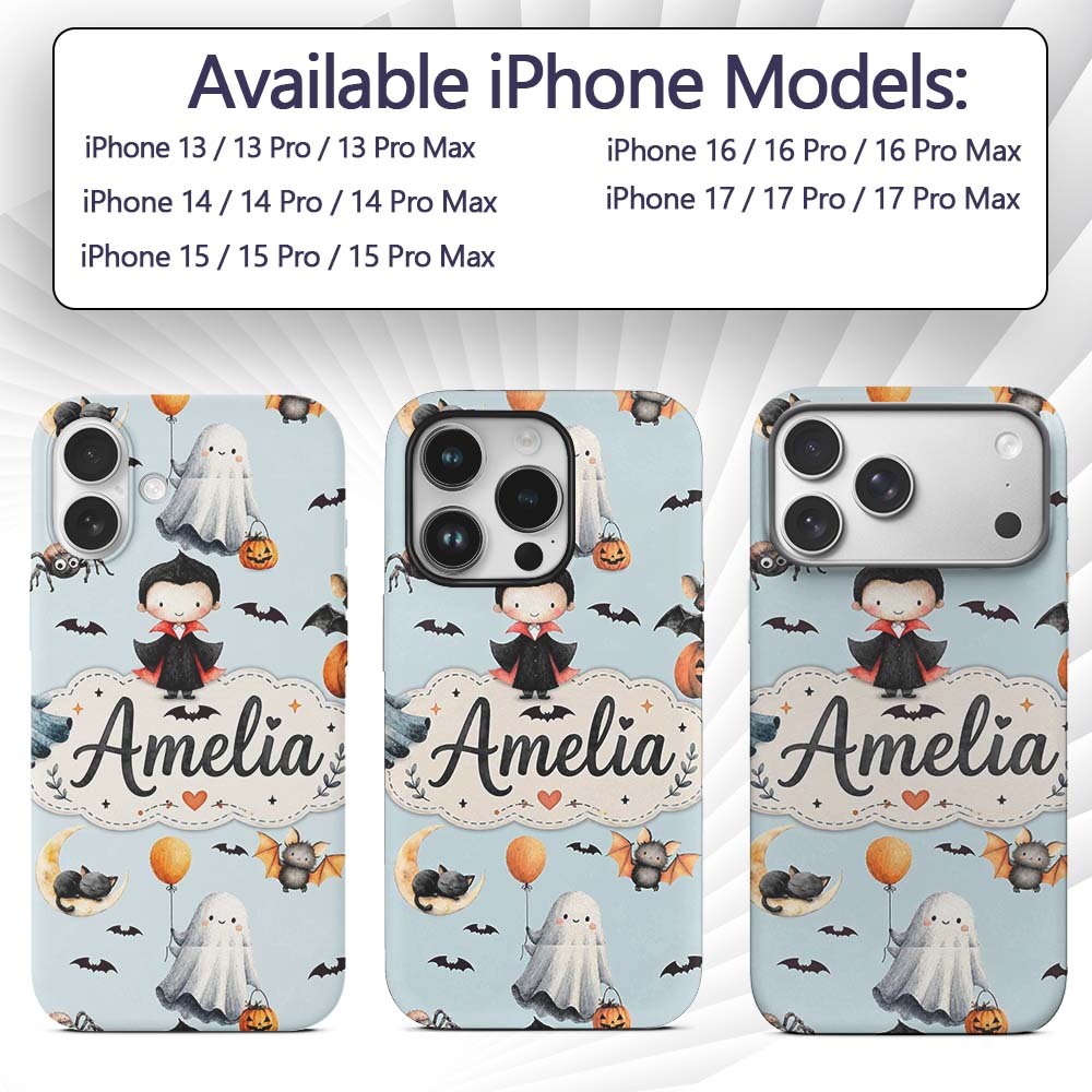 Halloween Vampire Ghost Bats Spooky Characters Custom Name Protective Phone Case Mobile Cover Durable Everyday Smartphone Shock Resistant