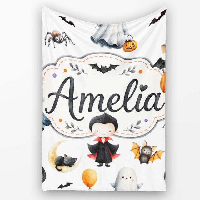 Halloween Vampire Ghost Bats Spooky Characters Light Grey Seamless  Personalised Custom Name Super Soft Fleece Blanket Bed Sofa Throw