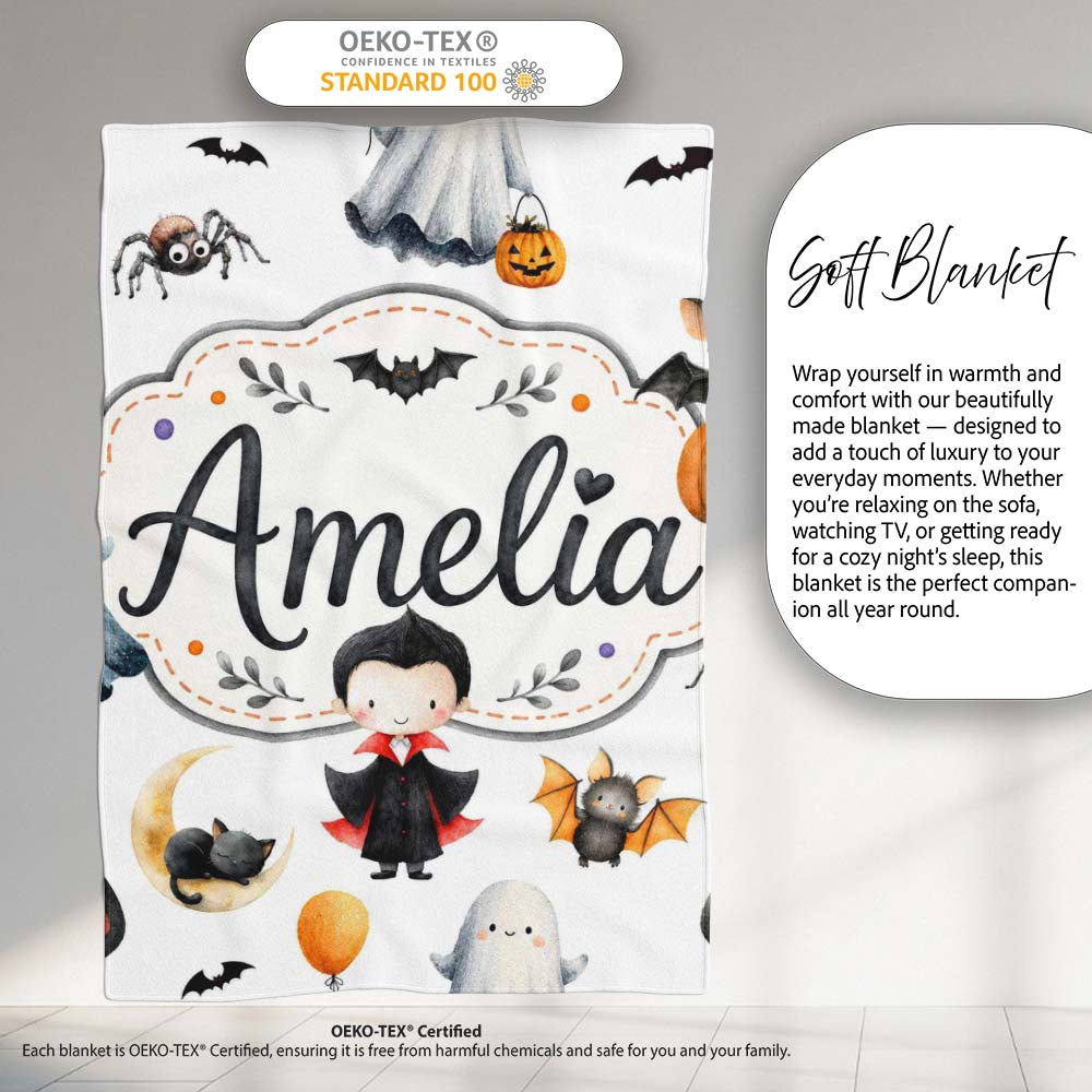 Halloween Vampire Ghost Bats Spooky Characters Light Grey Seamless  Personalised Custom Name Super Soft Fleece Blanket Bed Sofa Throw