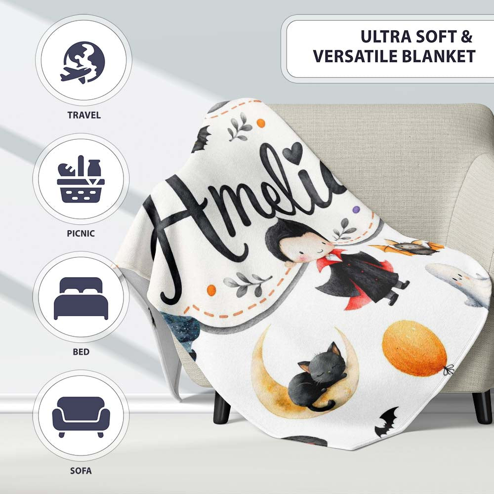 Halloween Vampire Ghost Bats Spooky Characters Light Grey Seamless  Personalised Custom Name Super Soft Fleece Blanket Bed Sofa Throw