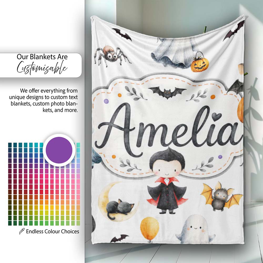 Halloween Vampire Ghost Bats Spooky Characters Light Grey Seamless  Personalised Custom Name Super Soft Fleece Blanket Bed Sofa Throw