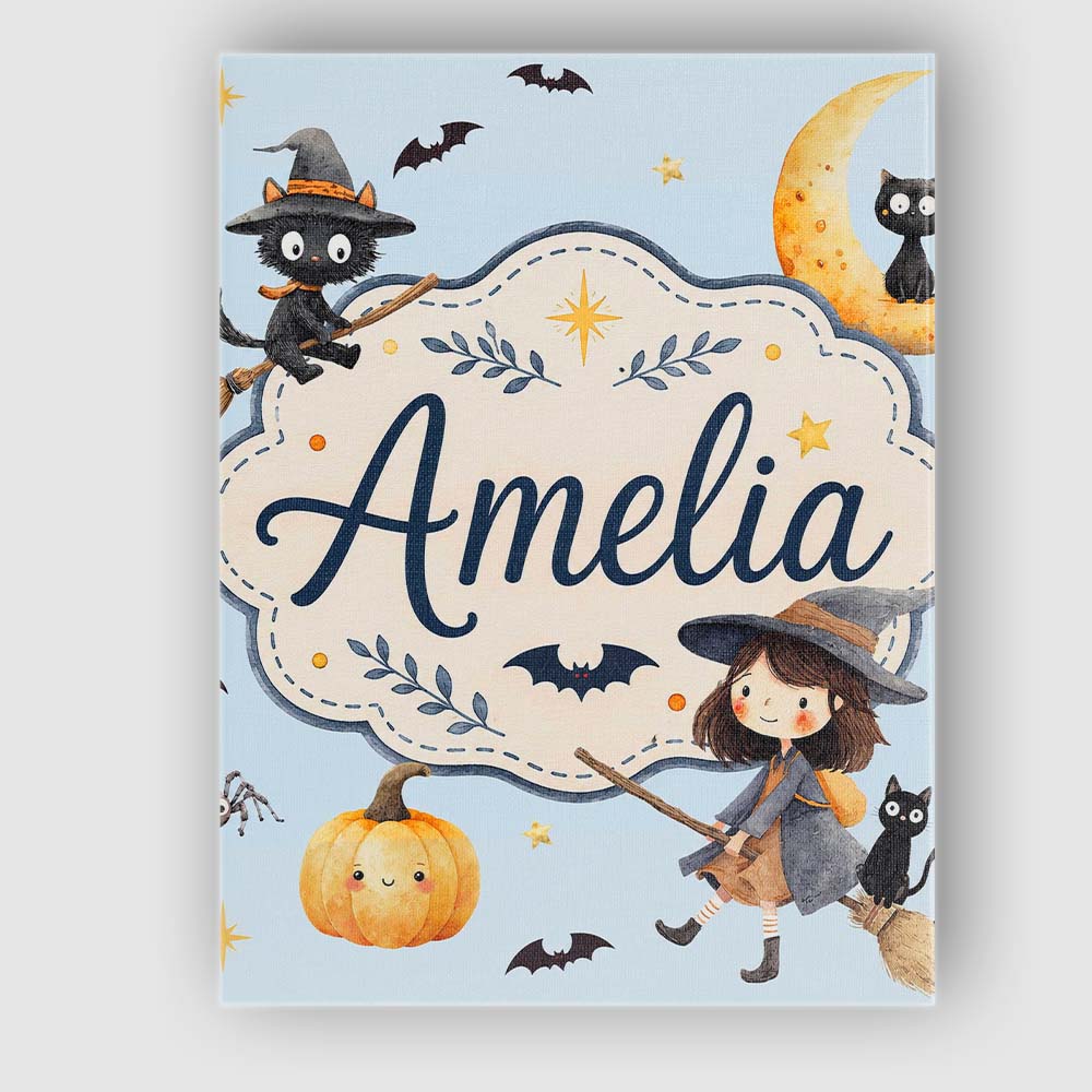 Personalised Name Halloween Witch Cats Moon Custom  Bespoke Interior Contemporary Canvas Wall Art Print Decor Picture Ready to Hang