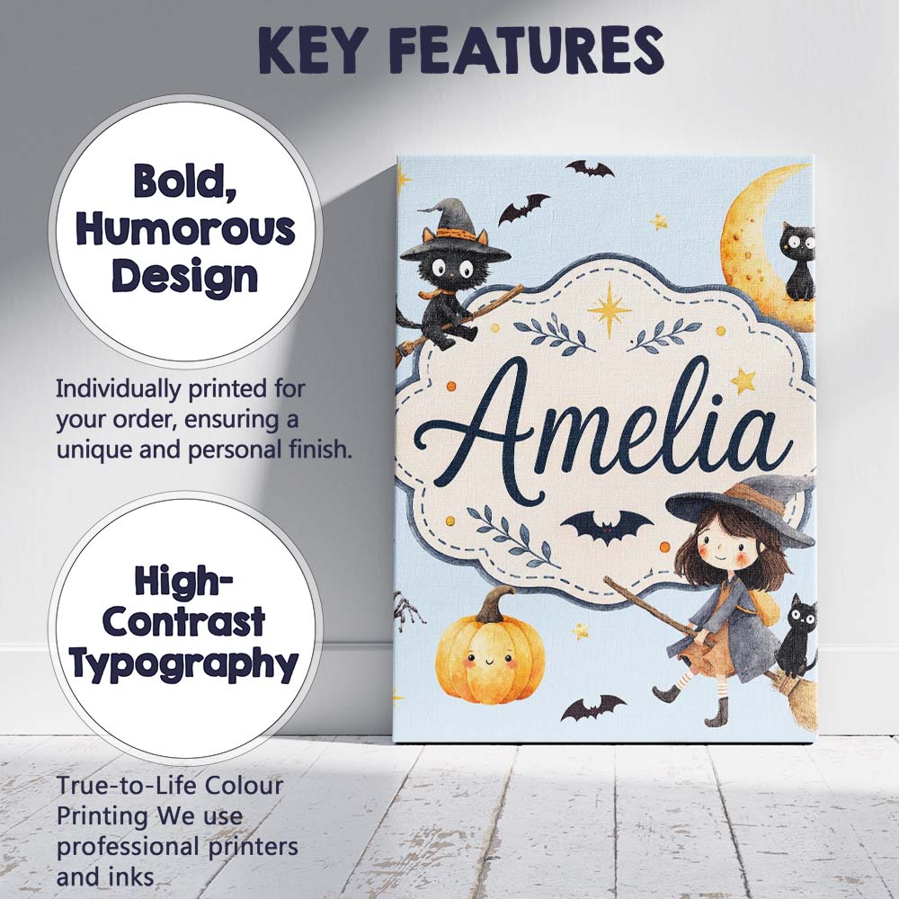 Personalised Name Halloween Witch Cats Moon Custom  Bespoke Interior Contemporary Canvas Wall Art Print Decor Picture Ready to Hang