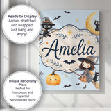 Personalised Name Halloween Witch Cats Moon Custom  Bespoke Interior Contemporary Canvas Wall Art Print Decor Picture Ready to Hang