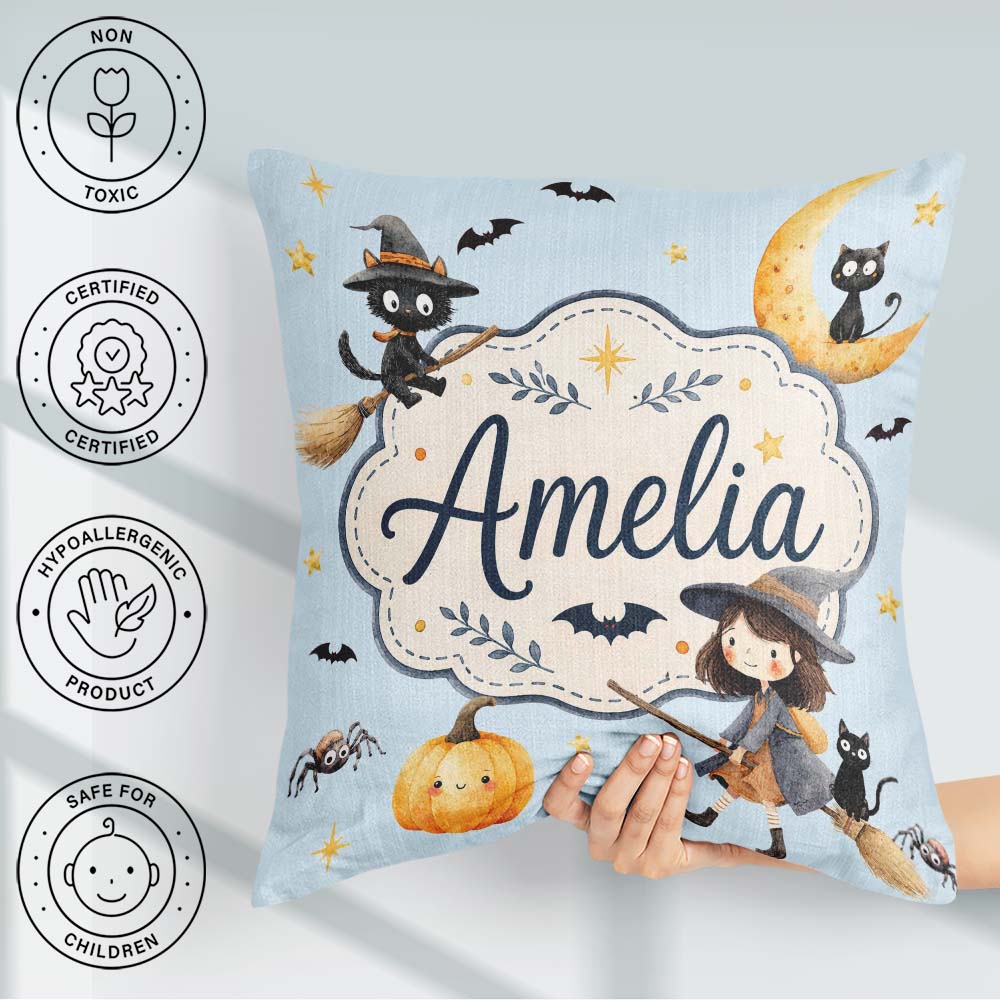 Custom Name Halloween Witch Cats Moon Stars Spooky Blue Seamless Square Filled Cushion Throw Pillow Sofa Bed Home Decor Zip Washable UK Made