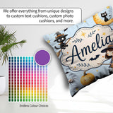 Custom Name Halloween Witch Cats Moon Stars Spooky Blue Seamless Square Filled Cushion Throw Pillow Sofa Bed Home Decor Zip Washable UK Made