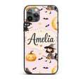 Halloween Witch Cat Moon Stars Spooky Night Pink Custom Name Protective Phone Case Mobile Cover Durable Everyday Smartphone Shock Resistant