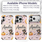 Halloween Witch Cat Moon Stars Spooky Night Pink Custom Name Protective Phone Case Mobile Cover Durable Everyday Smartphone Shock Resistant