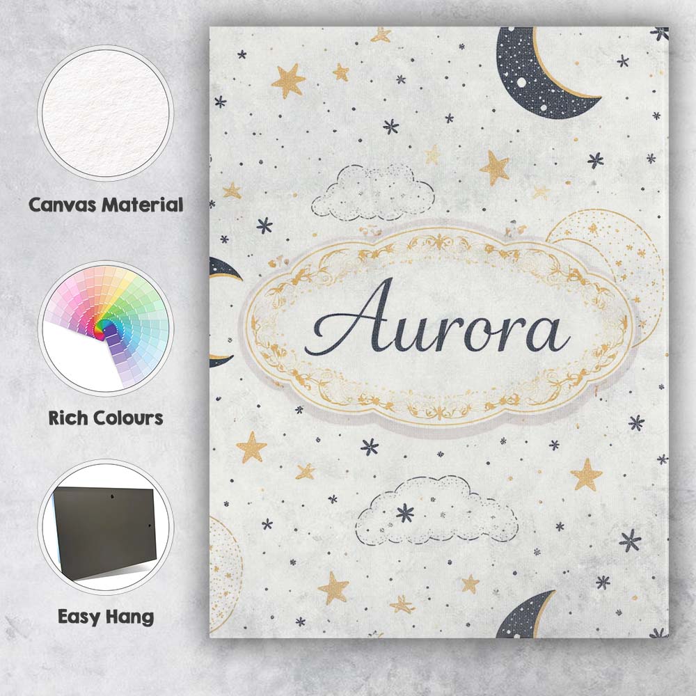Personalised Name Cute Moon Stars Clouds Nursery Neutral Seamless Custom  Bespoke Canvas Wall Art Print Decor Picture Ready to Hang