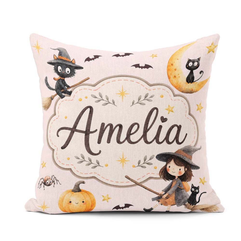 Custom Name Halloween Witch Cat Moon Stars Spooky Night Seamless Square Filled Cushion Throw Pillow Sofa Bed Home Decor Zip Washable UK Made