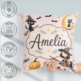 Custom Name Halloween Witch Cat Moon Stars Spooky Night Seamless Square Filled Cushion Throw Pillow Sofa Bed Home Decor Zip Washable UK Made