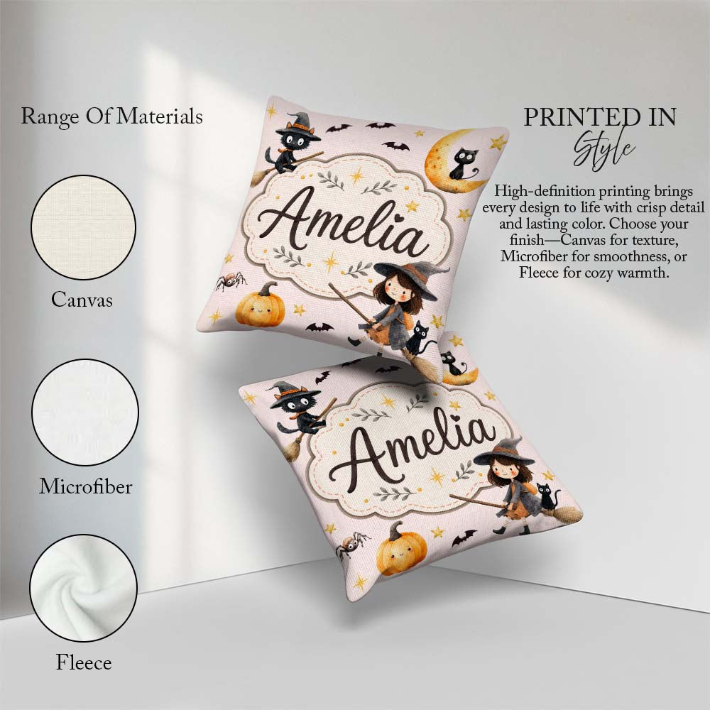 Custom Name Halloween Witch Cat Moon Stars Spooky Night Seamless Square Filled Cushion Throw Pillow Sofa Bed Home Decor Zip Washable UK Made