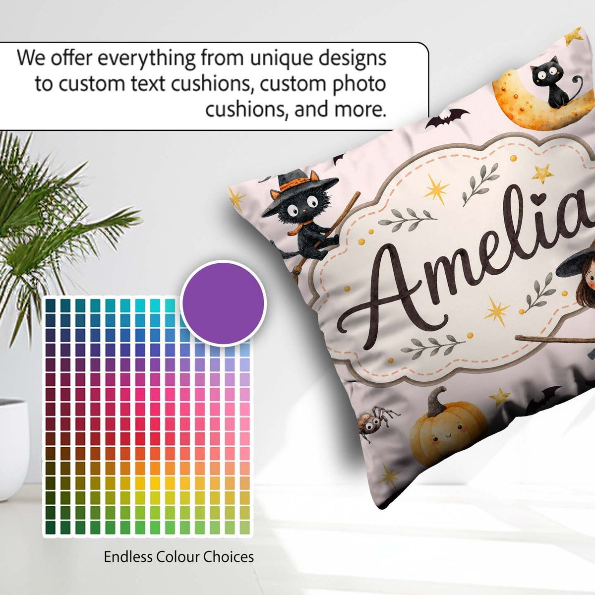 Custom Name Halloween Witch Cat Moon Stars Spooky Night Seamless Square Filled Cushion Throw Pillow Sofa Bed Home Decor Zip Washable UK Made