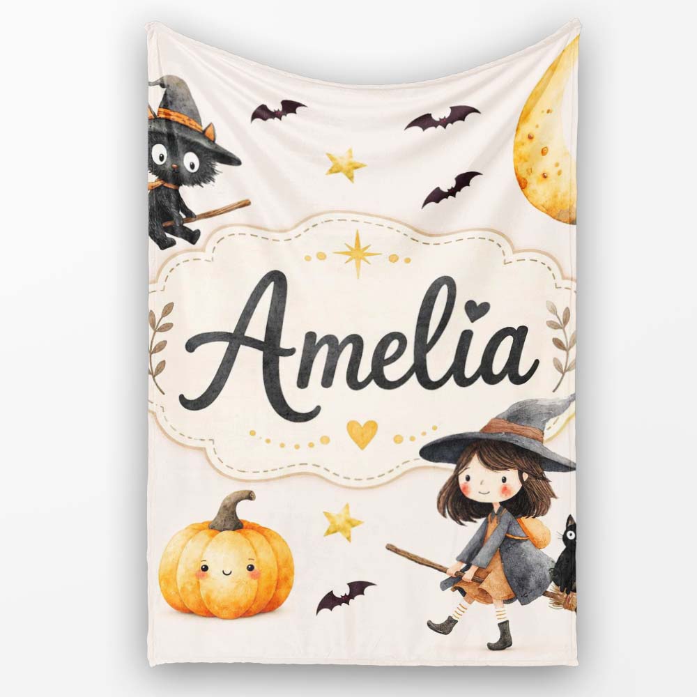 Halloween Witch Cat Moon Stars Spooky Night Beige Seamless Pattern  Personalised Custom Name Super Soft Fleece Blanket Bed Sofa Throw