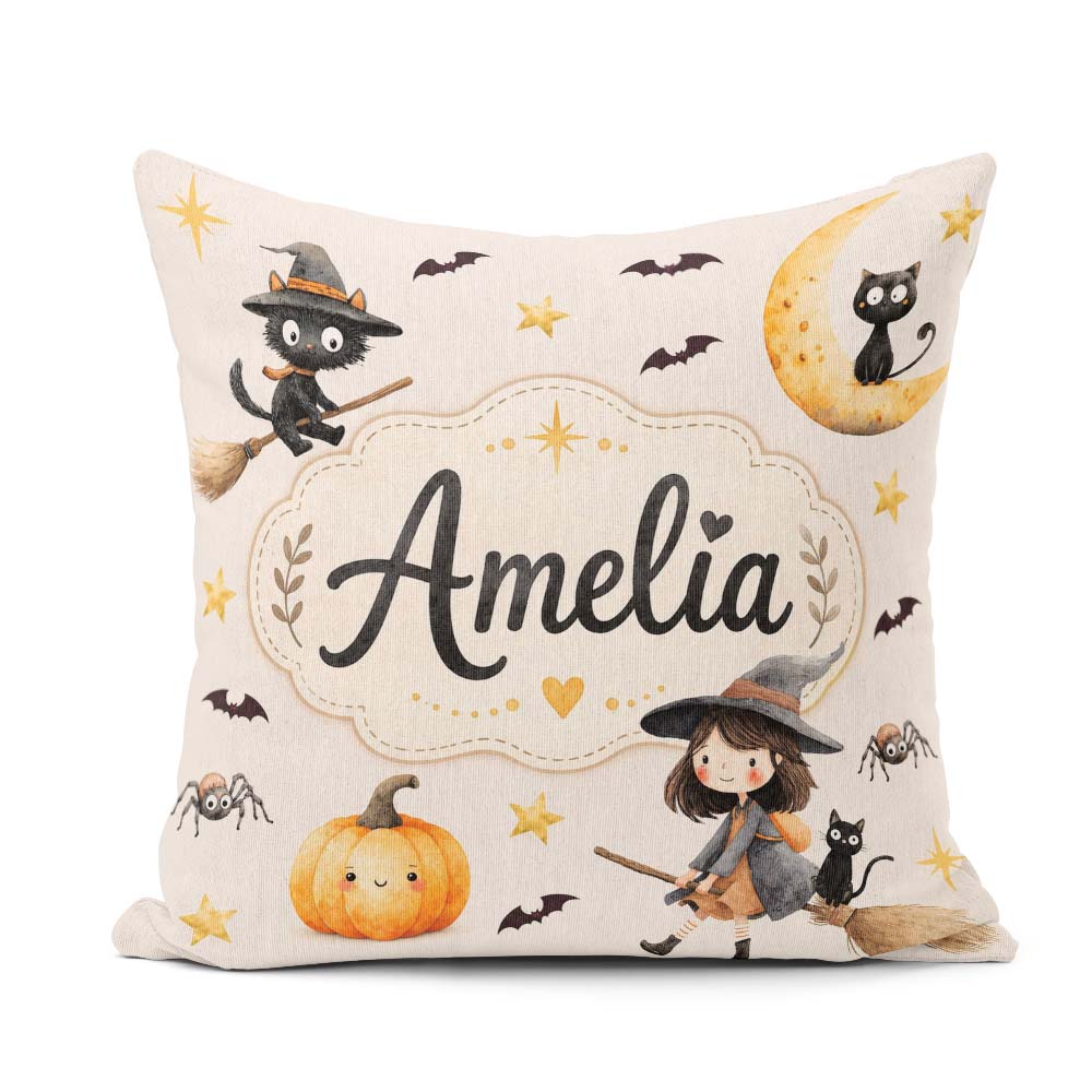 Custom Name Halloween Witch Cat Moon Stars Spooky Night Seamless Square Filled Cushion Throw Pillow Sofa Bed Home Decor Zip Washable UK Made