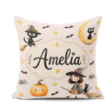 Custom Name Halloween Witch Cat Moon Stars Spooky Night Seamless Square Filled Cushion Throw Pillow Sofa Bed Home Decor Zip Washable UK Made