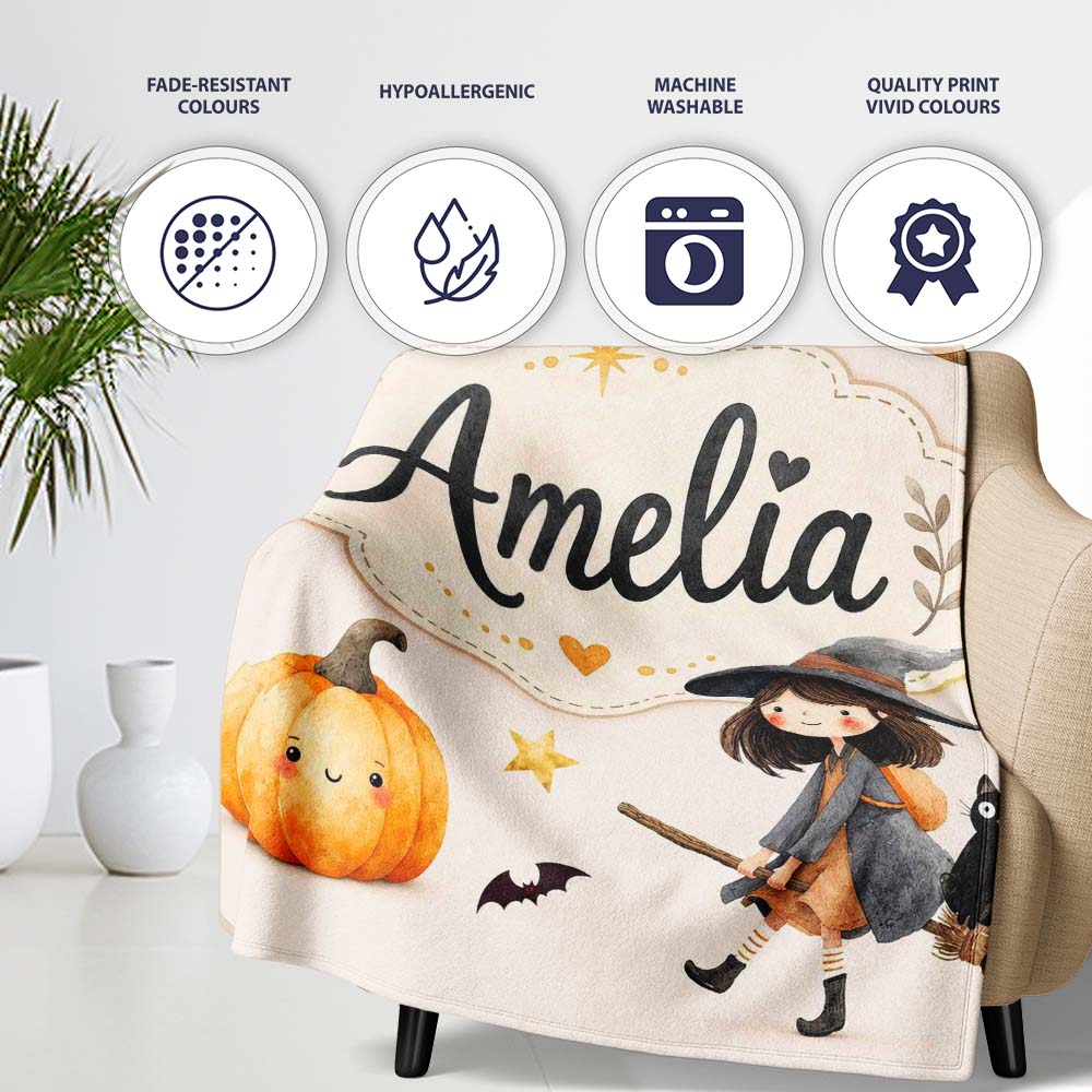 Halloween Witch Cat Moon Stars Spooky Night Beige Seamless Pattern  Personalised Custom Name Super Soft Fleece Blanket Bed Sofa Throw