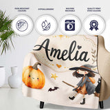 Halloween Witch Cat Moon Stars Spooky Night Beige Seamless Pattern  Personalised Custom Name Super Soft Fleece Blanket Bed Sofa Throw