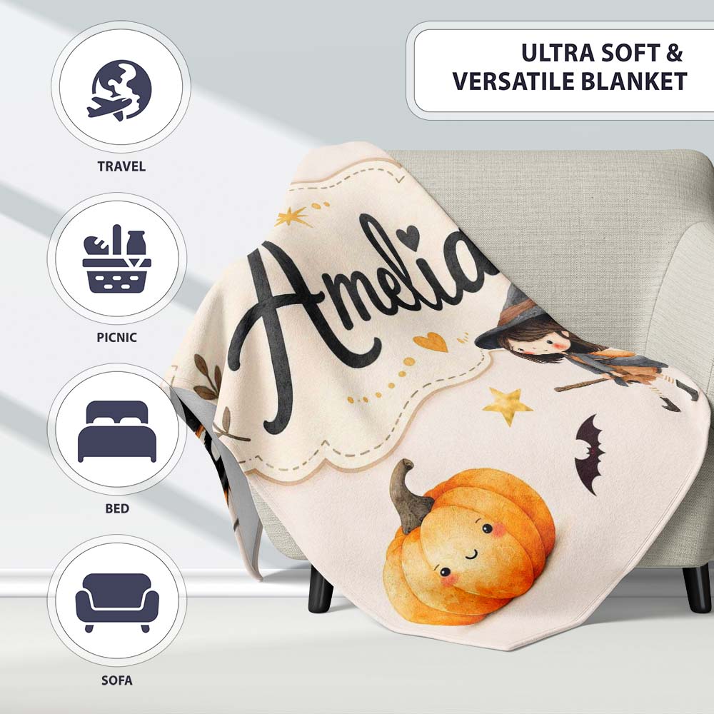 Halloween Witch Cat Moon Stars Spooky Night Beige Seamless Pattern  Personalised Custom Name Super Soft Fleece Blanket Bed Sofa Throw