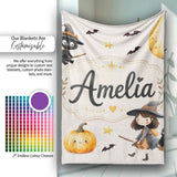 Halloween Witch Cat Moon Stars Spooky Night Beige Seamless Pattern  Personalised Custom Name Super Soft Fleece Blanket Bed Sofa Throw