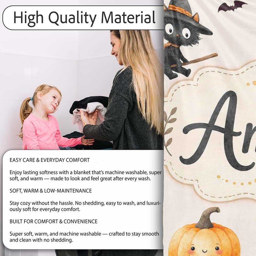 Halloween Witch Cat Moon Stars Spooky Night Beige Seamless Pattern  Personalised Custom Name Super Soft Fleece Blanket Bed Sofa Throw