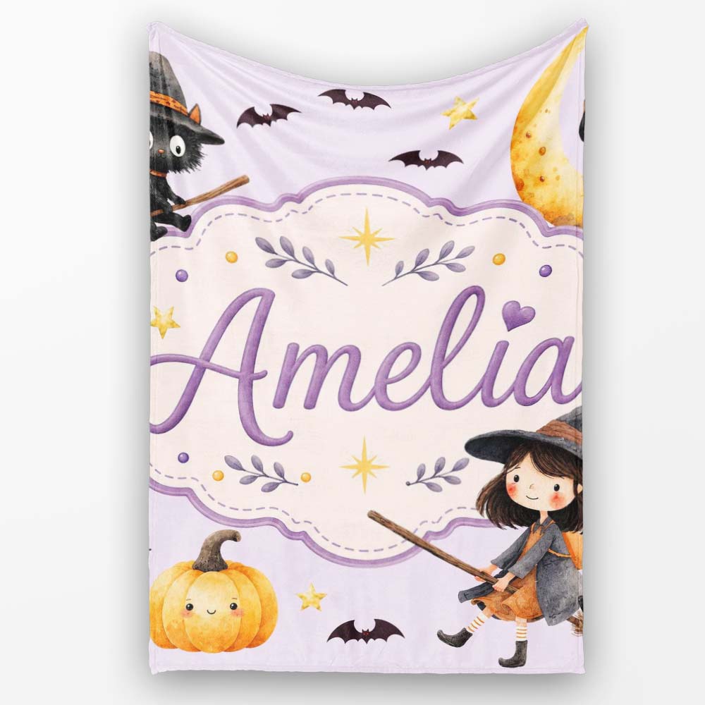 Halloween Witch Cat Moon Stars Spooky Night Lilac Seamless Pattern  Personalised Custom Name Super Soft Fleece Blanket Bed Sofa Throw