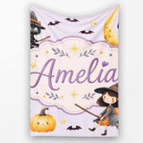 Halloween Witch Cat Moon Stars Spooky Night Lilac Seamless Pattern  Personalised Custom Name Super Soft Fleece Blanket Bed Sofa Throw