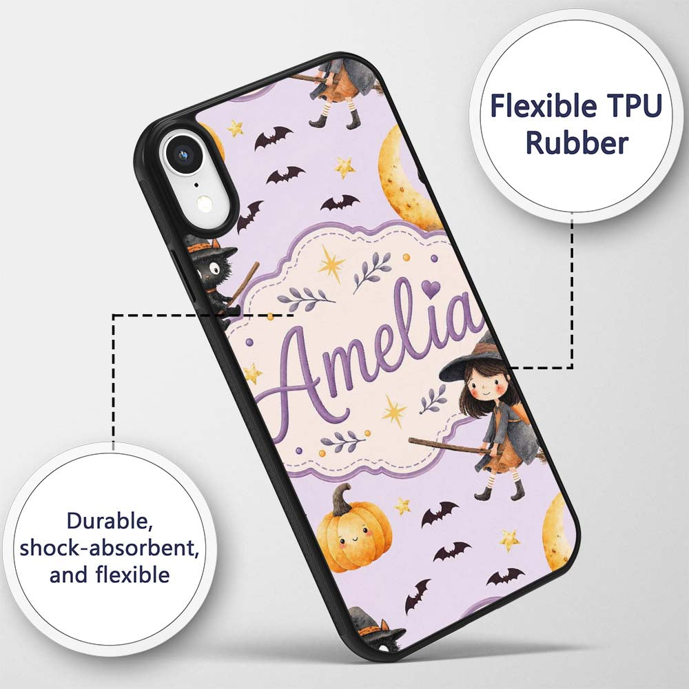 Halloween Witch Cat Moon Stars Spooky Night Lilac Custom Name Protective Phone Case Mobile Cover Durable Everyday Smartphone Shock Resistant