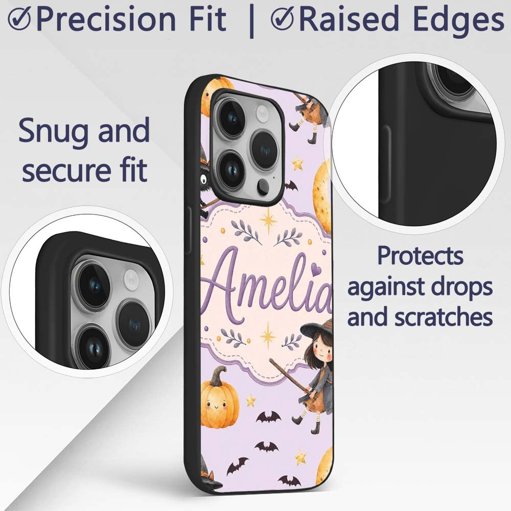 Halloween Witch Cat Moon Stars Spooky Night Lilac Custom Name Protective Phone Case Mobile Cover Durable Everyday Smartphone Shock Resistant