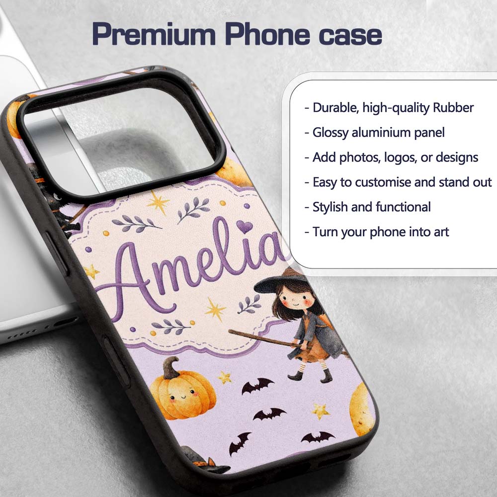 Halloween Witch Cat Moon Stars Spooky Night Lilac Custom Name Protective Phone Case Mobile Cover Durable Everyday Smartphone Shock Resistant