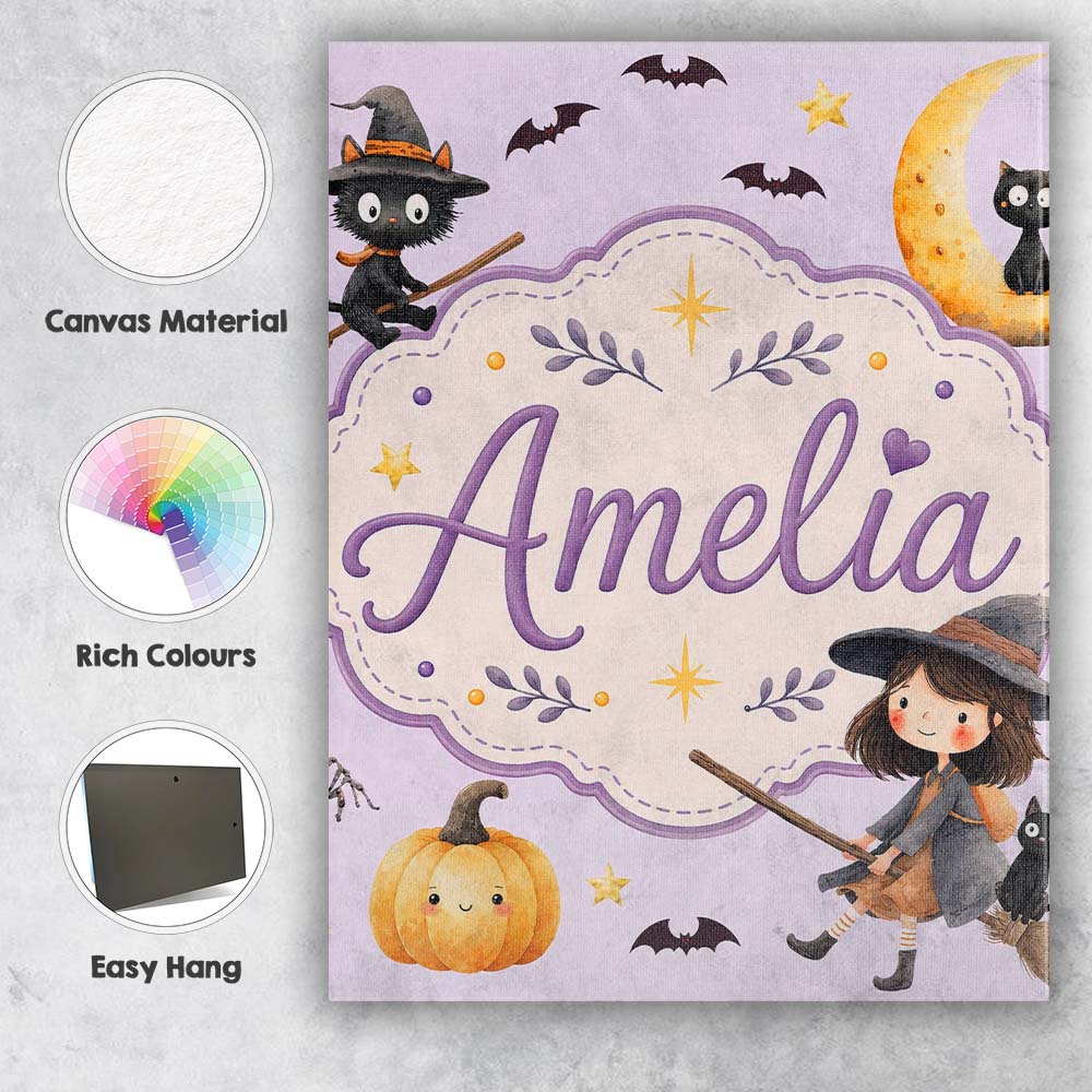 Personalised Name Halloween Witch Cat Moon Custom  Unique Gift Idea Elegant Feature Canvas Wall Art Print Decor Picture Ready to Hang