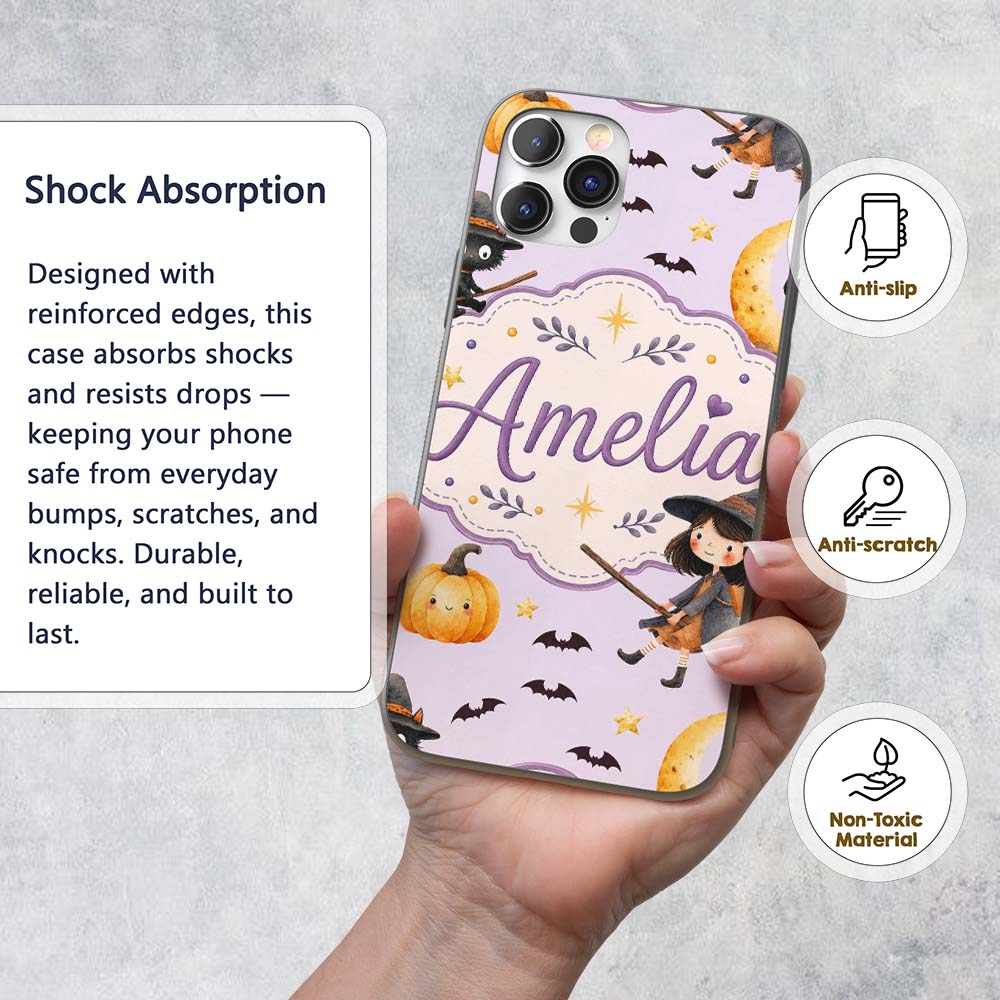 Halloween Witch Cat Moon Stars Spooky Night Lilac Custom Name Protective Phone Case Mobile Cover Durable Everyday Smartphone Shock Resistant