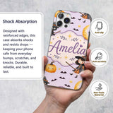 Halloween Witch Cat Moon Stars Spooky Night Lilac Custom Name Protective Phone Case Mobile Cover Durable Everyday Smartphone Shock Resistant