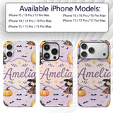 Halloween Witch Cat Moon Stars Spooky Night Lilac Custom Name Protective Phone Case Mobile Cover Durable Everyday Smartphone Shock Resistant