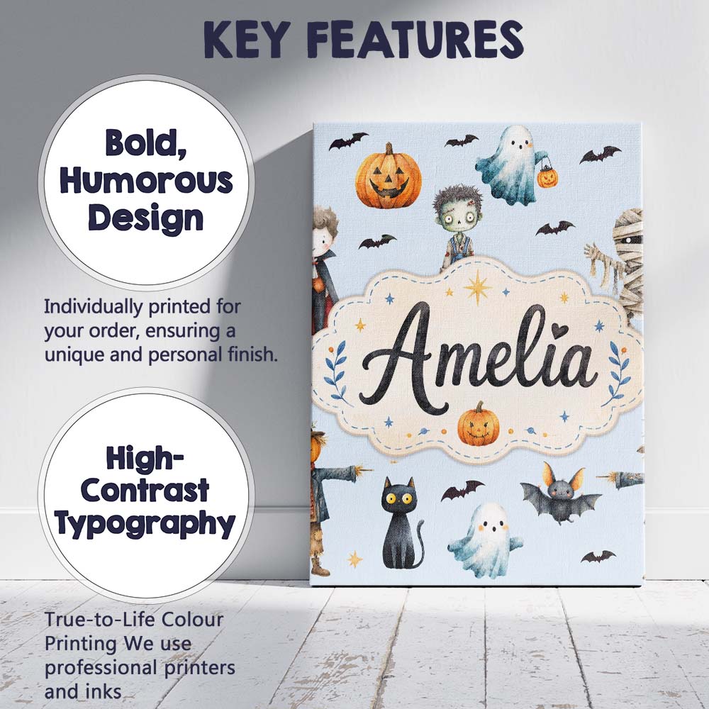 Personalised Name Cute Halloween Zombie Custom  Modern Room Accent Elegant Feature Canvas Wall Art Print Decor Picture Ready to Hang