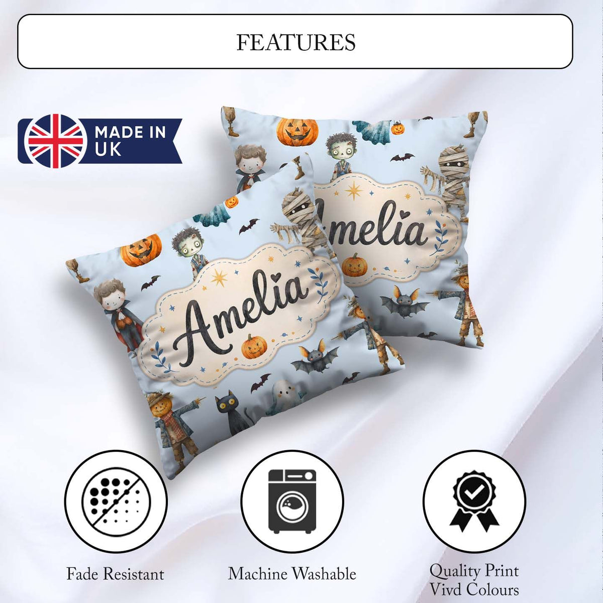 Custom Name Cute Zombie Mummy Vampire Bat Spooky Blue Background Square Filled Cushion Throw Pillow Sofa Bed Home Decor Zip Washable UK Made