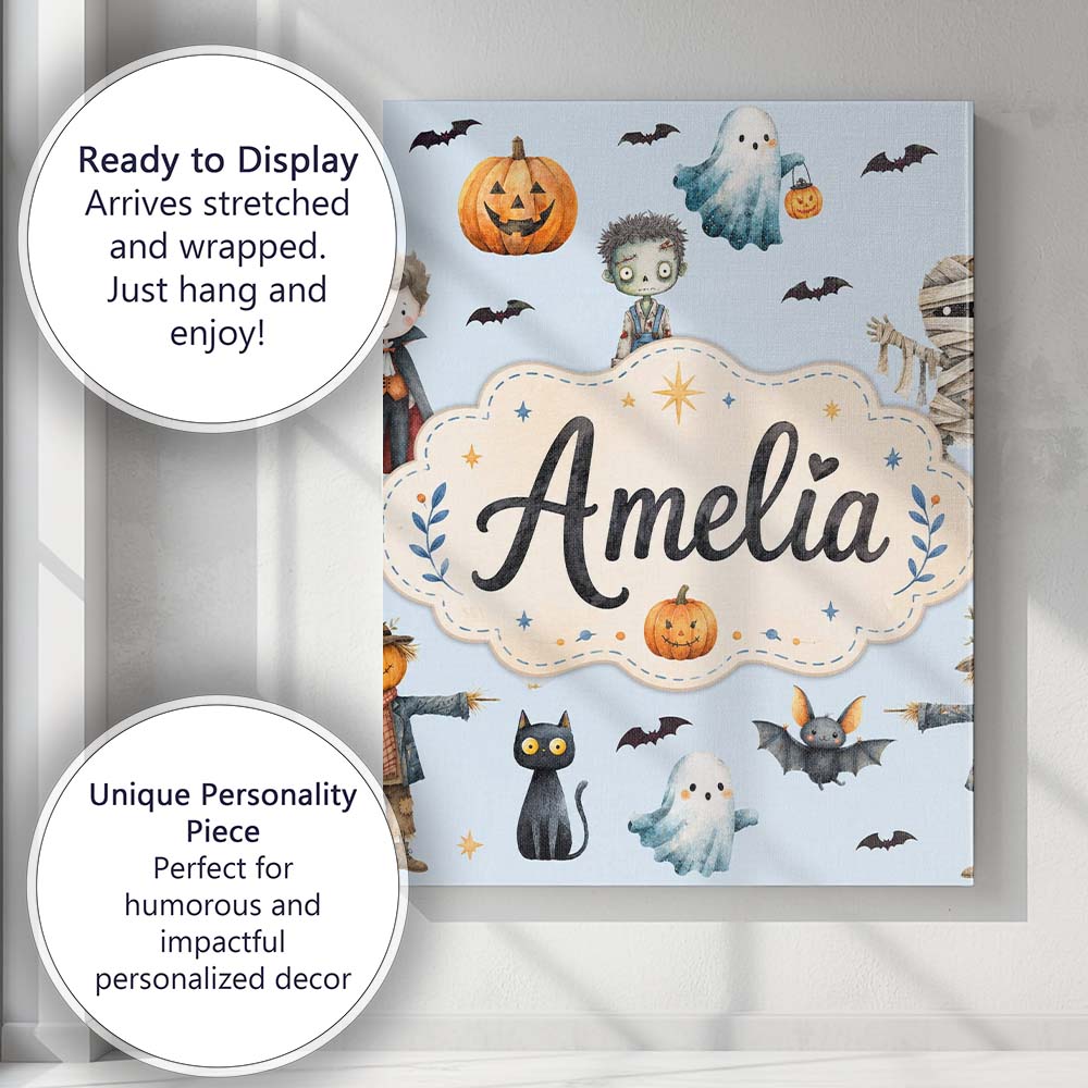 Personalised Name Cute Halloween Zombie Custom  Modern Room Accent Elegant Feature Canvas Wall Art Print Decor Picture Ready to Hang