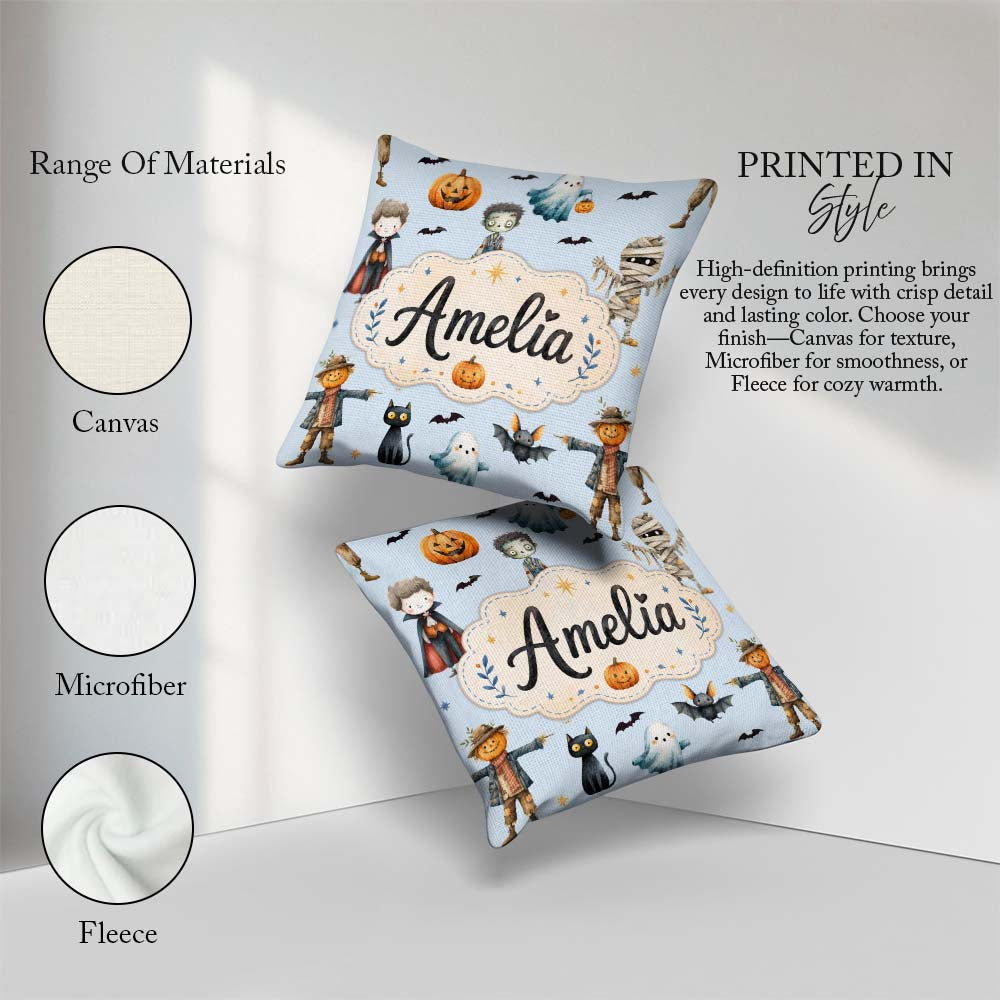 Custom Name Cute Zombie Mummy Vampire Bat Spooky Blue Background Square Filled Cushion Throw Pillow Sofa Bed Home Decor Zip Washable UK Made