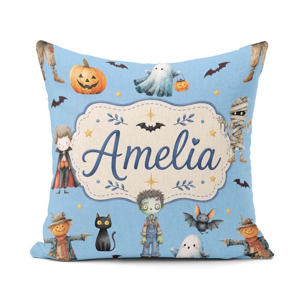Custom Name Halloween Zombie Mummy Vampire Bat Sky Blue Seamless Square Filled Cushion Throw Pillow Sofa Bed Home Decor Zip Washable UK Made
