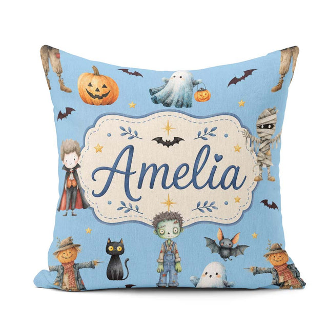 Custom Name Halloween Zombie Mummy Vampire Bat Sky Blue Seamless Square Filled Cushion Throw Pillow Sofa Bed Home Decor Zip Washable UK Made