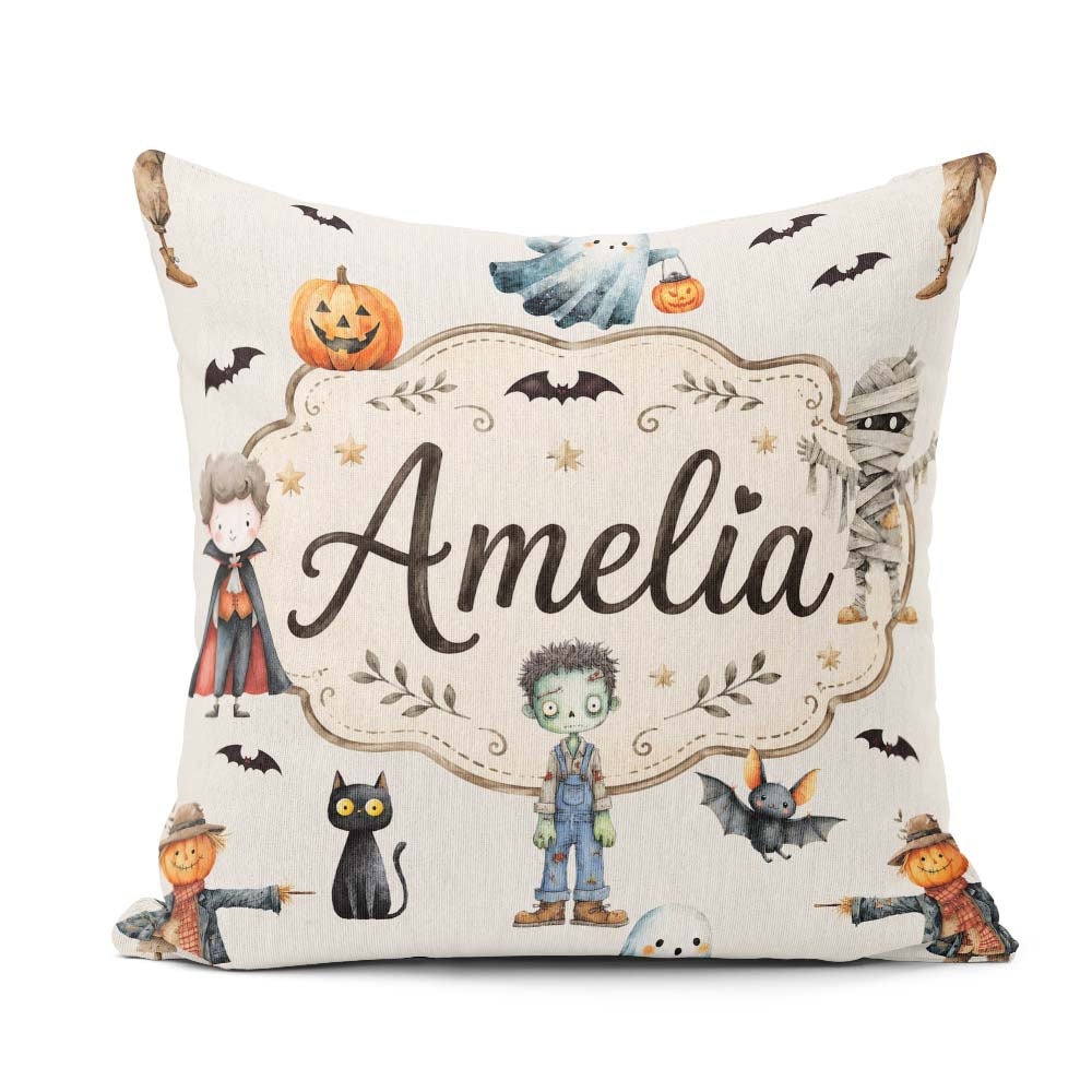 Custom Name Halloween Zombie Mummy Vampire Bat Spooky Light Grey Square Filled Cushion Throw Pillow Sofa Bed Home Decor Zip Washable UK Made