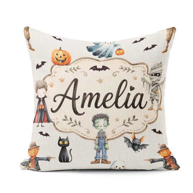 Custom Name Halloween Zombie Mummy Vampire Bat Spooky Light Grey Square Filled Cushion Throw Pillow Sofa Bed Home Decor Zip Washable UK Made