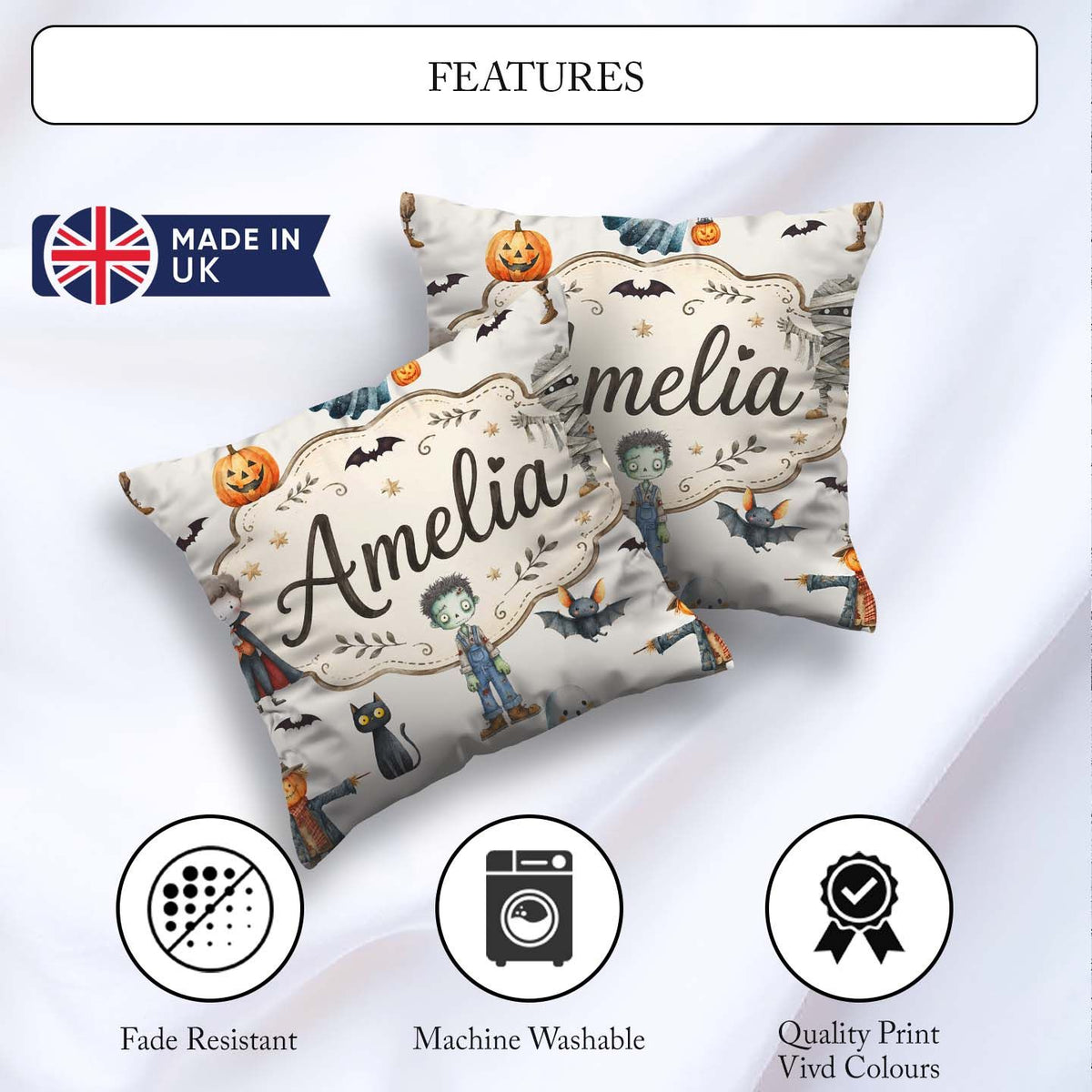 Custom Name Halloween Zombie Mummy Vampire Bat Spooky Light Grey Square Filled Cushion Throw Pillow Sofa Bed Home Decor Zip Washable UK Made